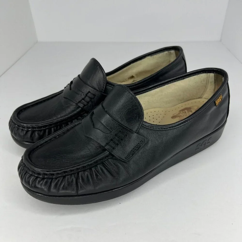 SAS Womens Black Penny Handsewn Leather Soft Teel Heel Slip-On Size 7 Loafers